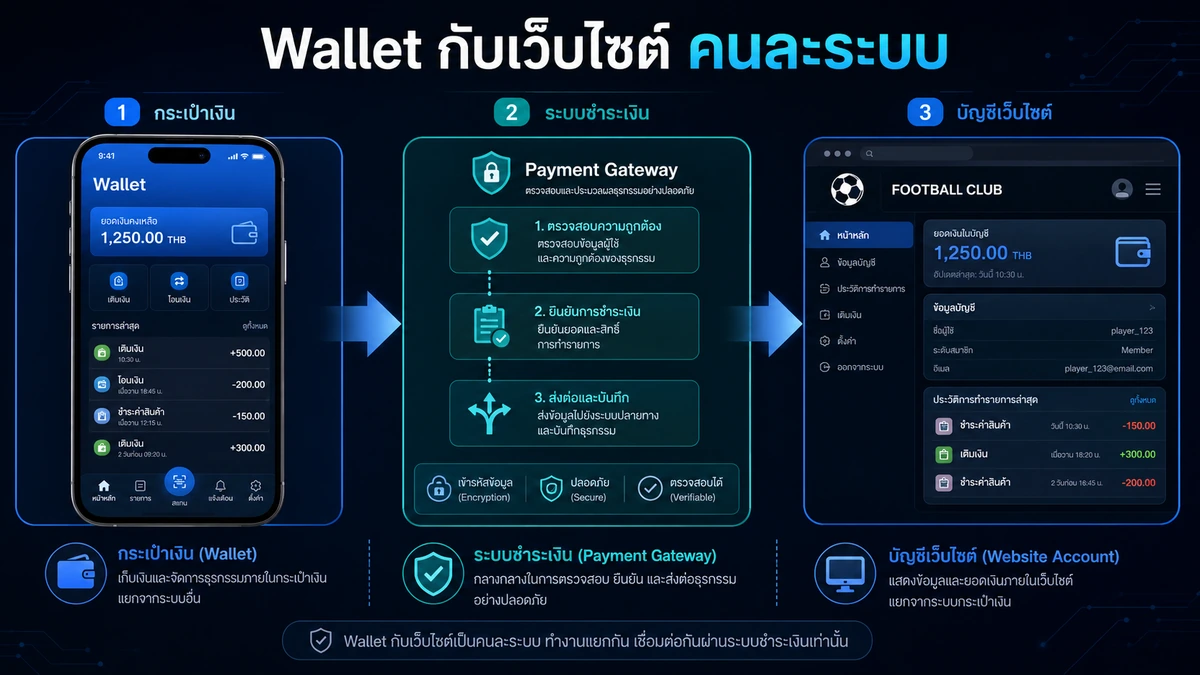 แผนภาพแสดงความแตกต่างระหว่าง e-Wallet ระบบชำระเงิน และบัญชีเว็บไซต์