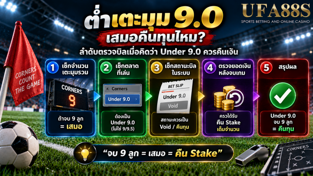 ต่ำเตะมุม 9.0 เสมอคืนทุนไหม ลำดับตรวจบิลเมื่อคิดว่า Under 9.0 ควรคืนเงิน