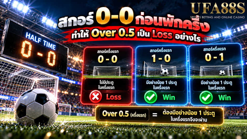 สกอร์ 0-0 ก่อนพักครึ่งทำให้ Over 0.5 เป็น Loss อย่างไร
