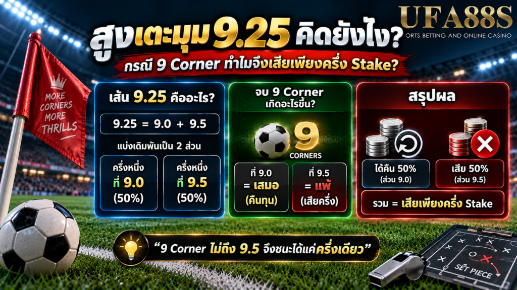 สูงเตะมุม 9.25 คิดยังไง กรณี 9 Corner ทำไมจึงเสียเพียงครึ่ง Stake