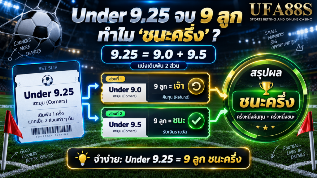 เตะมุม 9.25 คิดยังไง ฝั่ง Under 9.25 จบ 9 ลูกทำไมจึงเป็นชนะครึ่ง