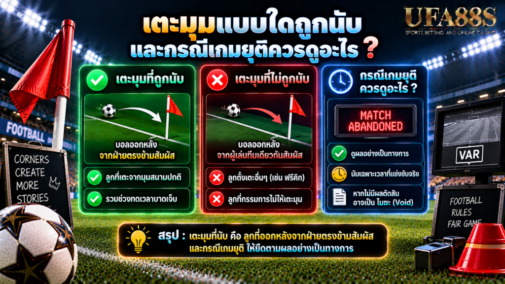 เตะมุมแบบใดถูกนับและกรณีเกมยุติควรดูอะไร