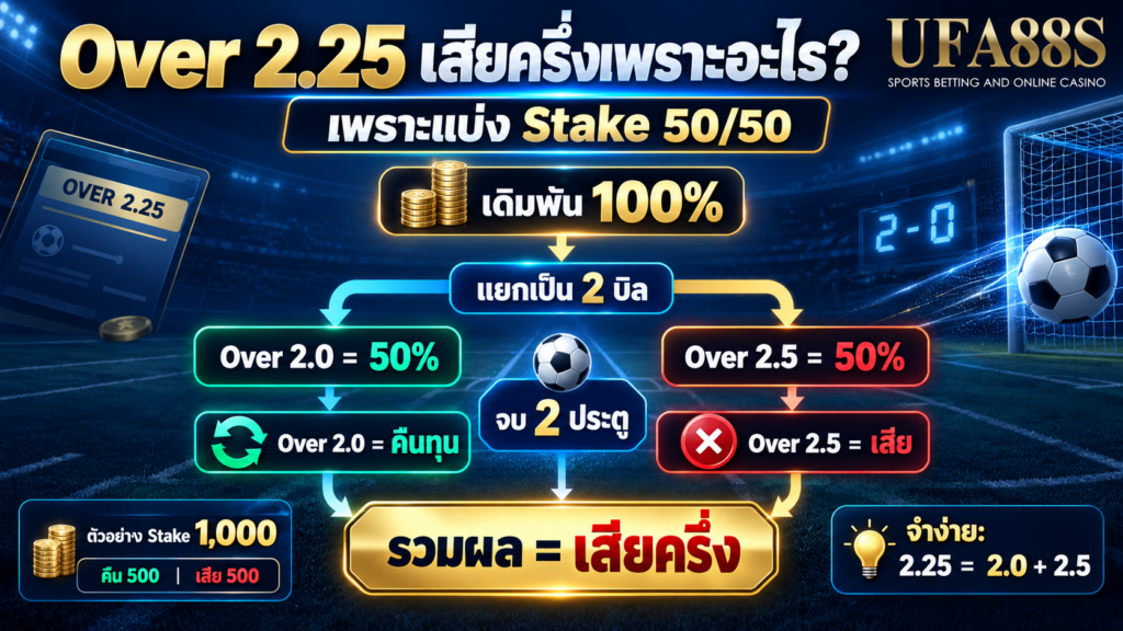 เหตุผลที่ Over 2.25 เสียครึ่งมาจากการแบ่ง Stake 50 ต่อ 50