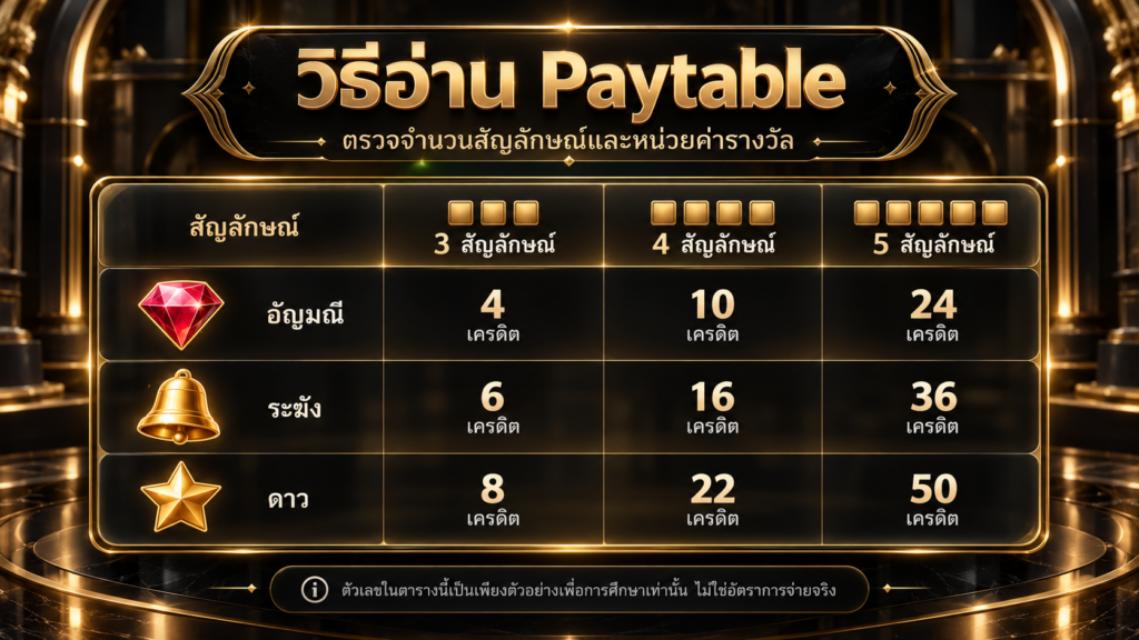 จะอ่านจำนวนสัญลักษณ์และค่ารางวัลจาก Paytable อย่างไร