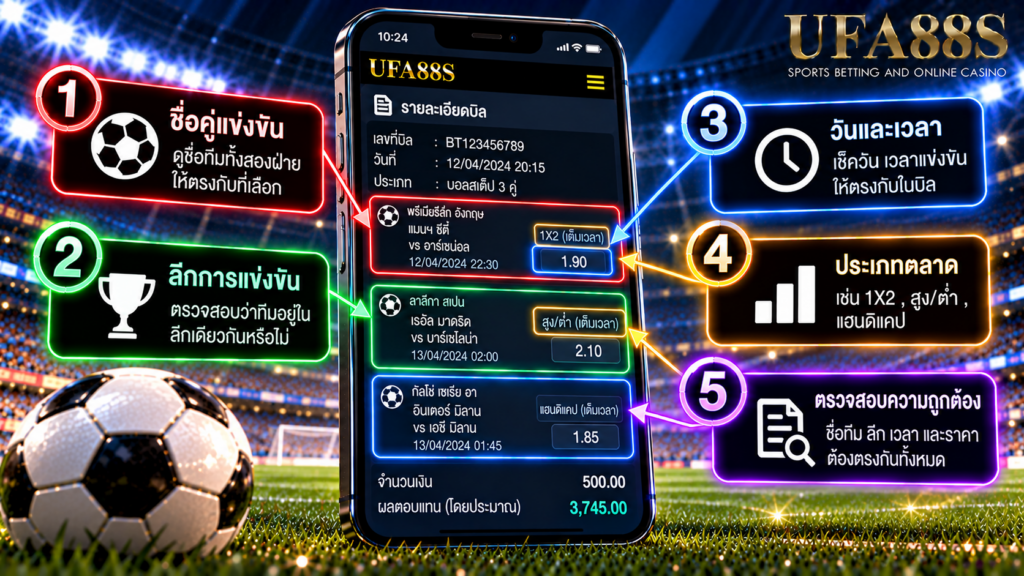ตรวจชื่อคู่แข่งขันให้ตรงกับลีกและเวลาในบิล