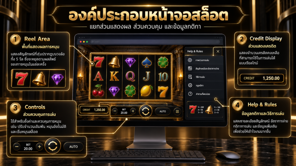 พื้นที่หลักของจอเกมแบ่งหน้าที่ออกเป็นส่วนใดบ้าง