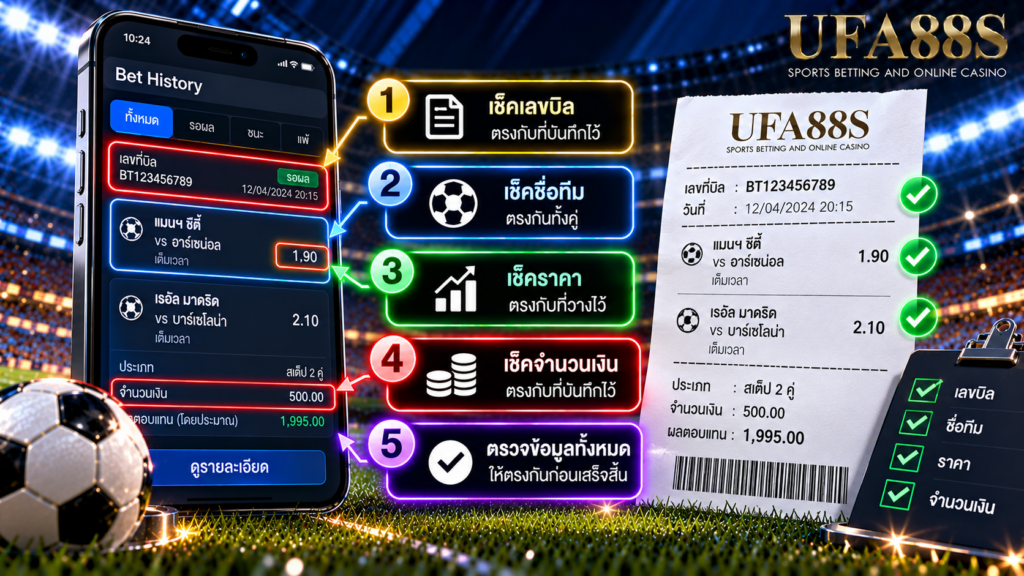วิธีเช็คบิลบอล ตรวจคู่บอล ราคา ยอดเดิมพัน และยอดจ่ายก่อนยืนยันทุกครั้ง